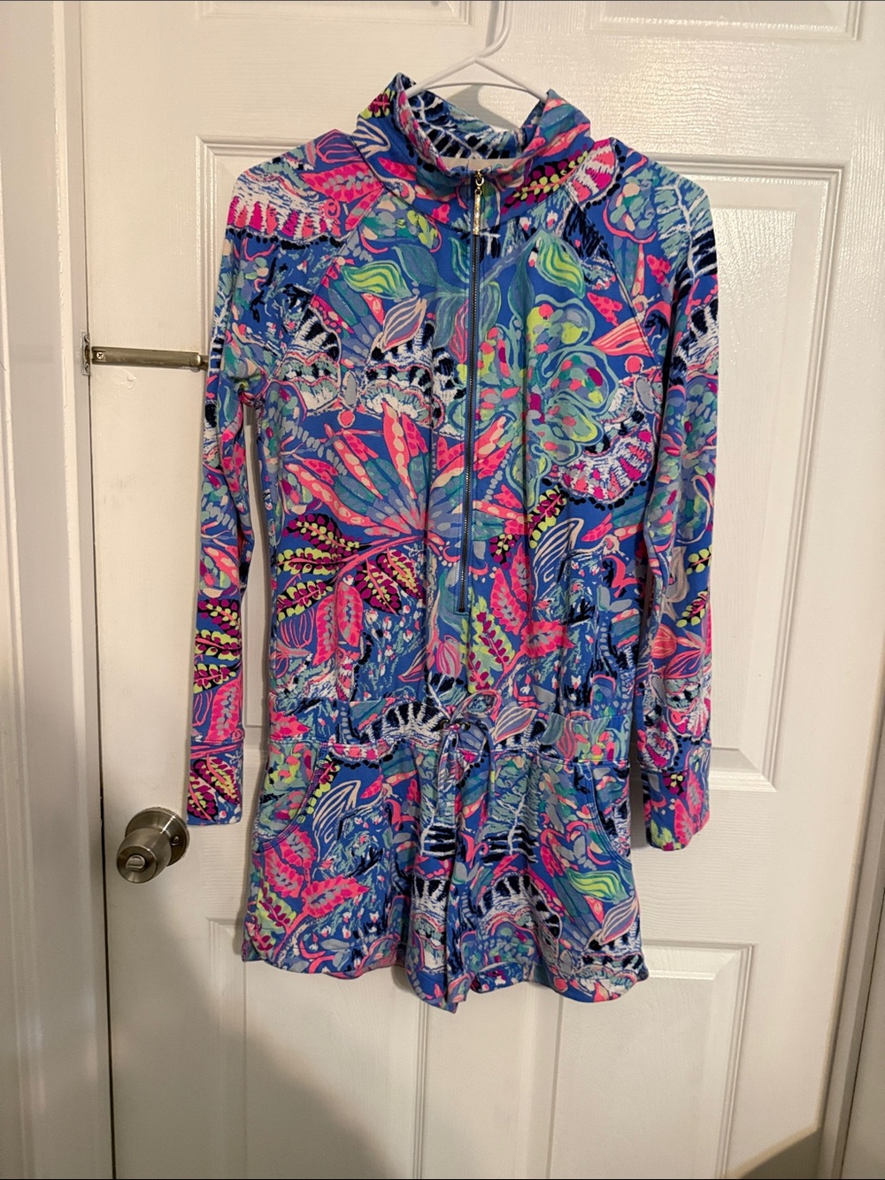 Lilly Pulitzer Girls' Blue Pink Multi Floral Zip-Front Swim Rashguard
